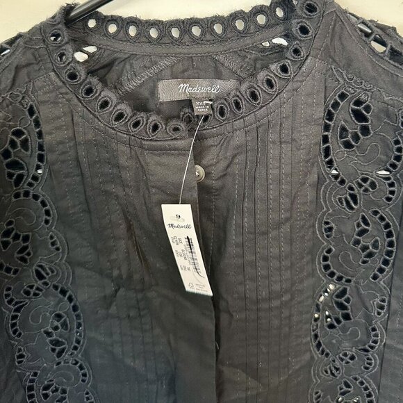 NWT Madewell Black Lace-Inset Pintucked Button-Up Top - Size: XXS - Picture 5 of 13